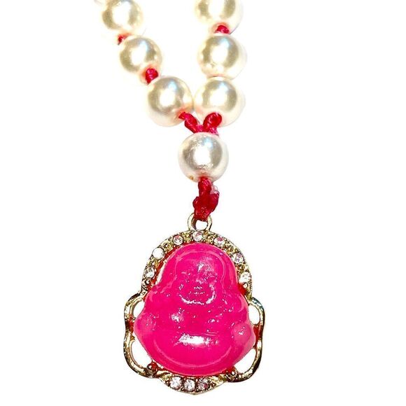 Custom Hand Knotted Cultured Pearl Necklace with Pink Jade Buddha - Picture 10 of 12